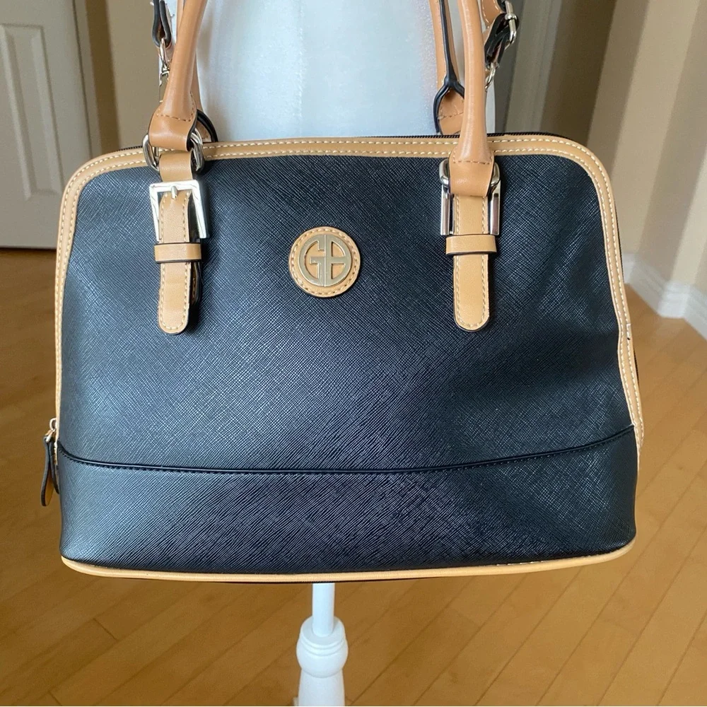 Giani Bernini Black and Tan Satchel with Dome Shape and Gold Hardware